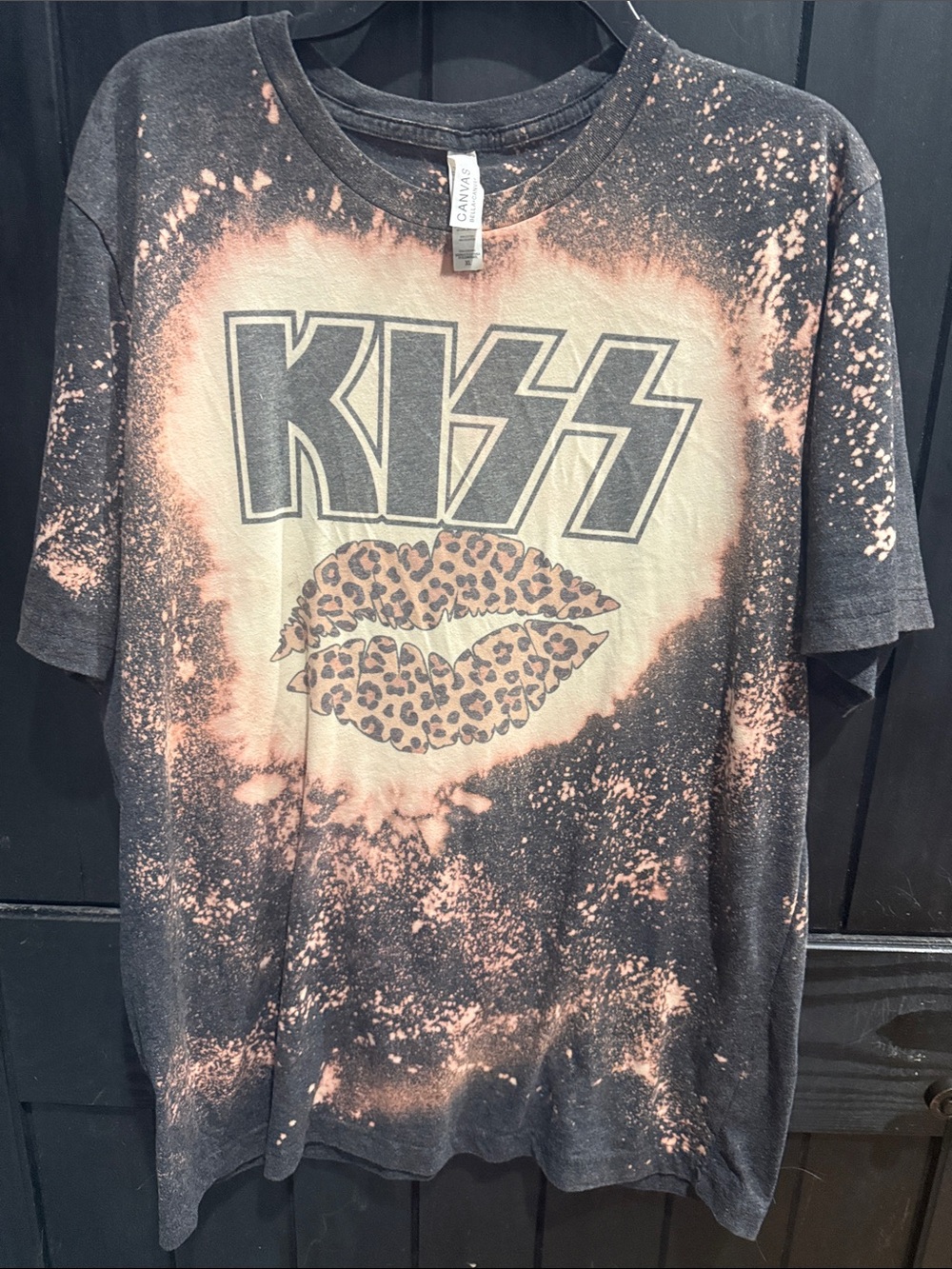 Bella Canvas Black Tee with Peach Bleach Effect and Leopard Lips